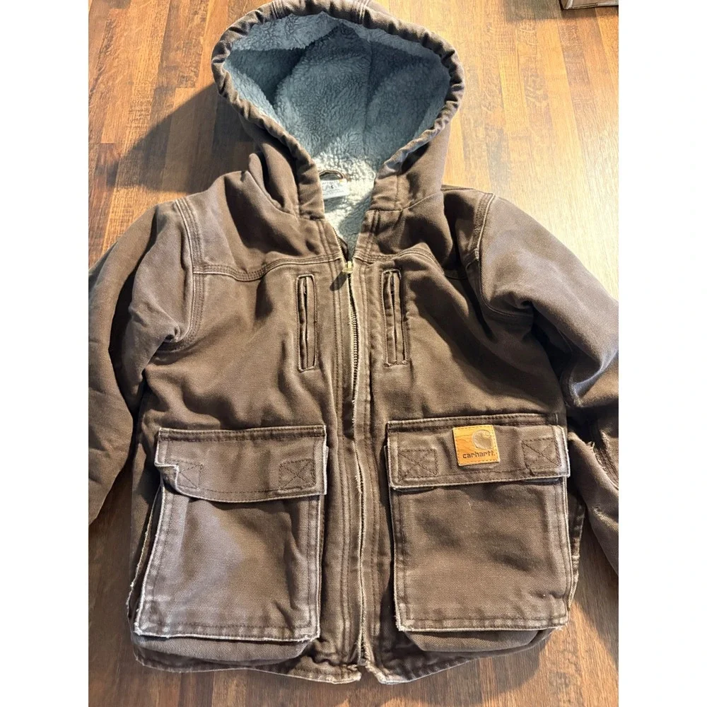 Carhartt Kids Brown Duck Canvas Sherpa Lined Hooded Jacket Size 5 Distressed‎